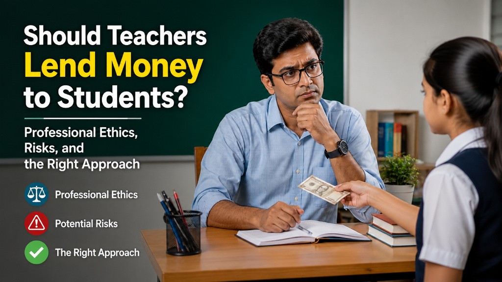 A classroom scene showing a teacher thoughtfully responding as a student asks for money, illustrating professional ethics, financial boundaries, and appropriate teacher-student conduct in Indian schools.