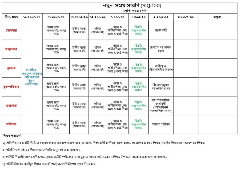 West Bengal Primary School Daily Class 1 Routine