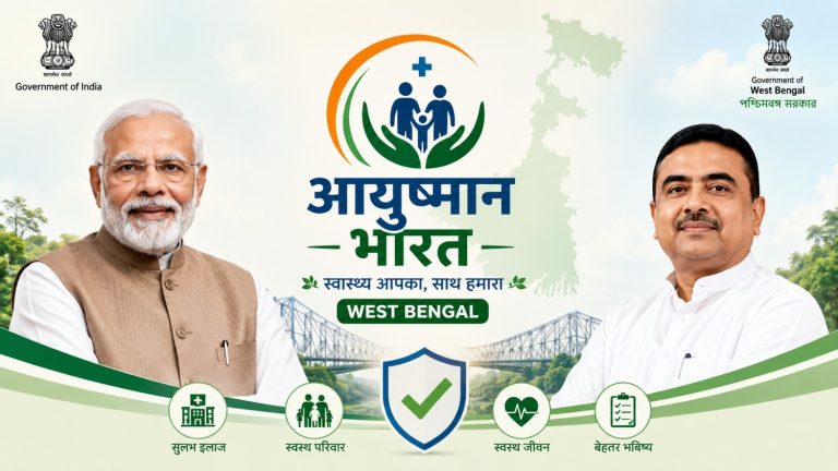 Ayushman Bharat healthcare awareness poster for West Bengal featuring PM Narendra Modi and Suvendu Adhikari with health insurance and family welfare theme