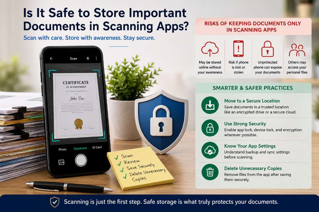 Illustration showing a smartphone scanning a document with security icons, highlighting the risks of storing important documents in scanning apps and the importance of secure PDF storage.