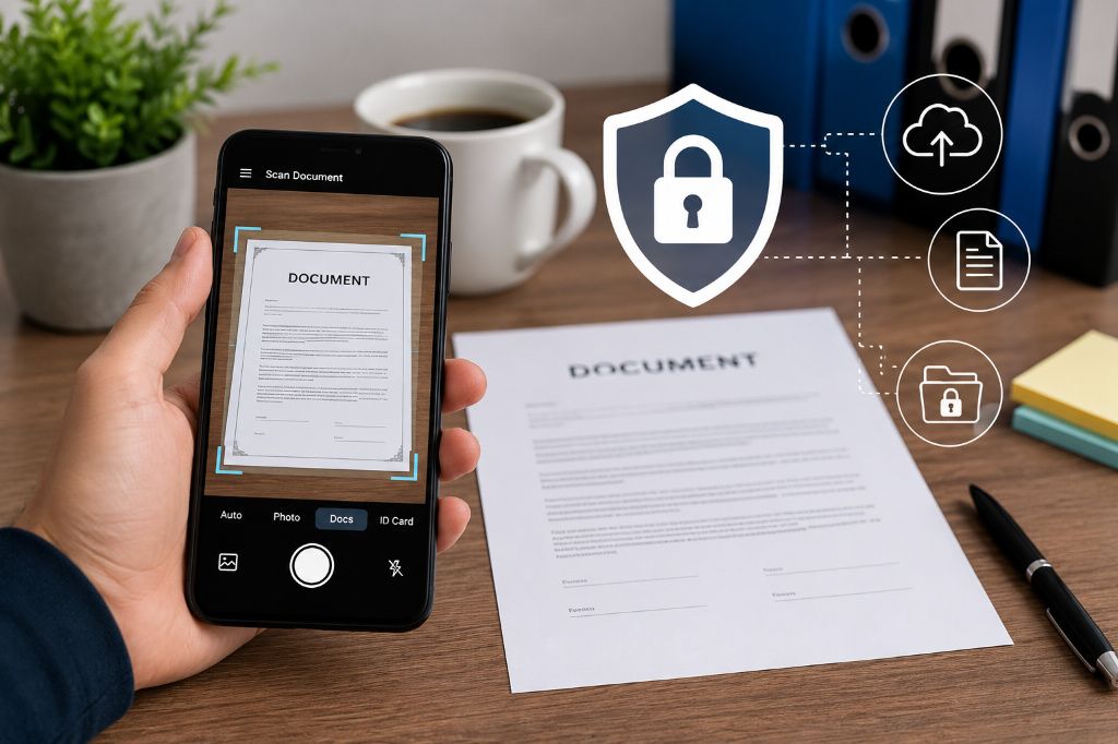 Person scanning a paper document with a smartphone while digital security icons highlight secure PDF creation, cloud protection, and safe document storage.