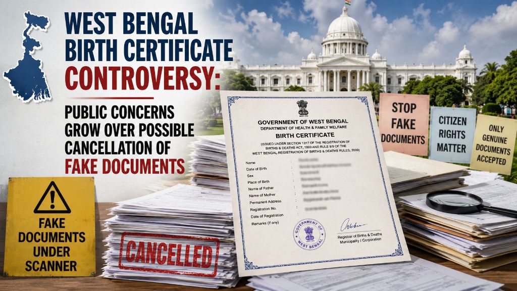 Illustration showing a West Bengal birth certificate, government office, and document verification concept highlighting public concerns over alleged fake birth certificates and possible cancellation of fraudulent documents.