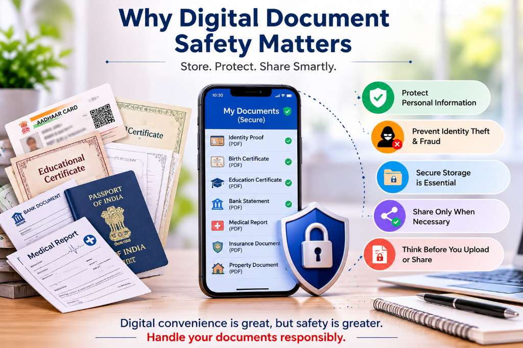 Illustration showing important digital documents such as ID cards, passport, educational certificates, bank records, and medical reports secured with a smartphone and security shield.