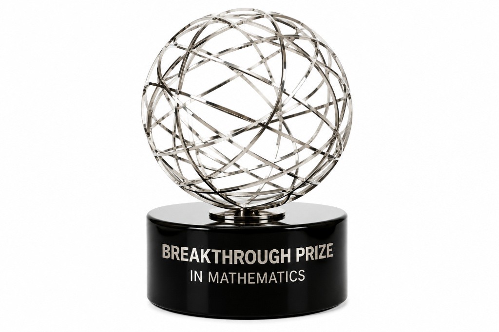 Breakthrough Prize in Mathematics trophy on a clean white background, featuring the iconic silver wireframe sphere on a black pedestal.