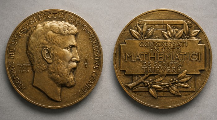 Front and back design of the prestigious Fields Medal, the world's highest honor in mathematics.